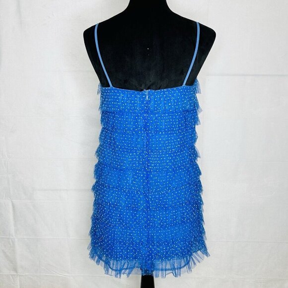 Lovers + Friends Jane Mini Dress Blue Tiered Tulle Polka Dot Size Medium Lined - Picture 7 of 10